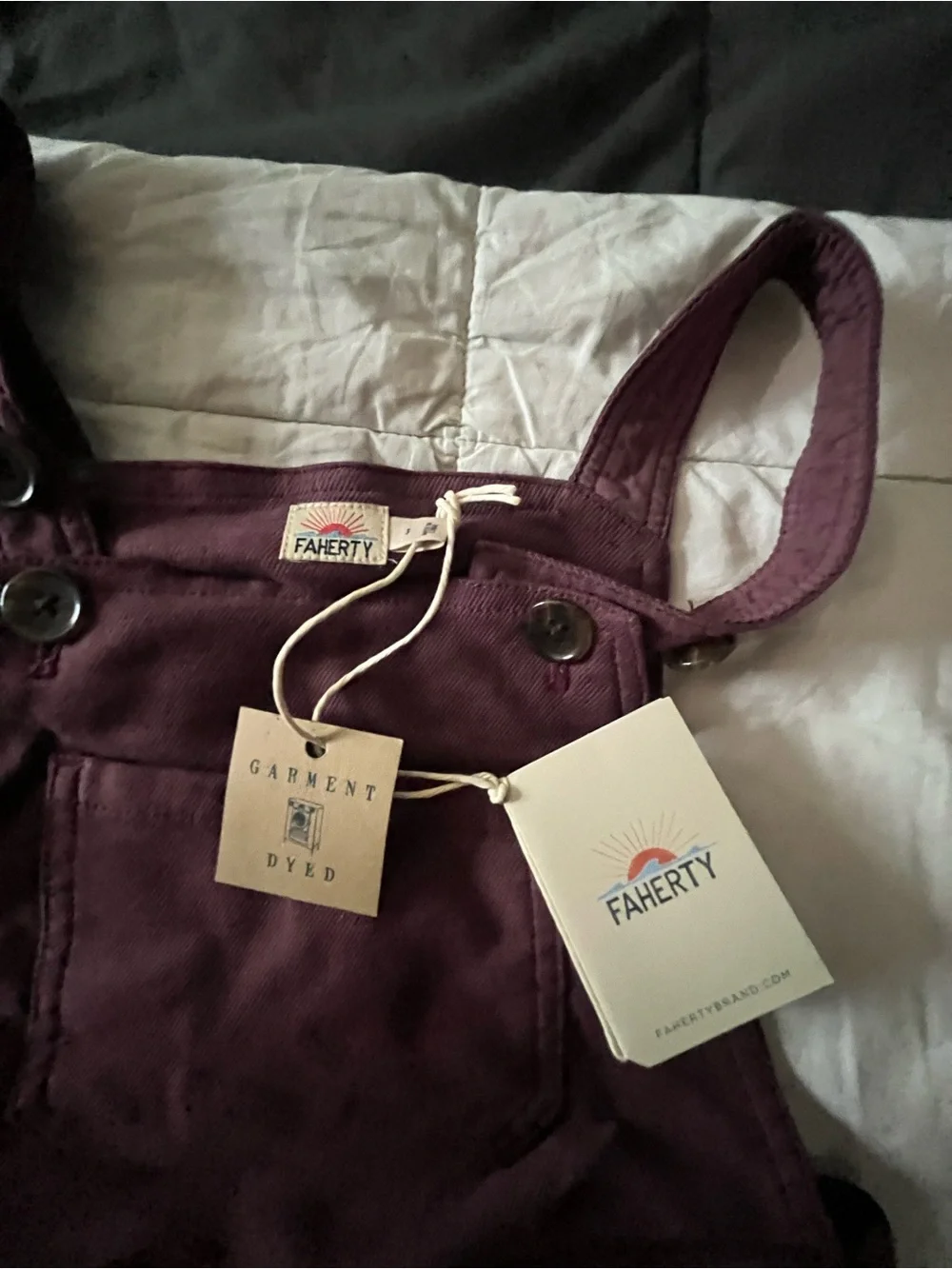 Faherty kids stretch terry overalls in grape size 5